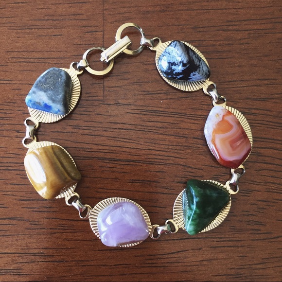 VINTAGE 1970's Polished Stone Link Bracelet - Picture 2 of 3